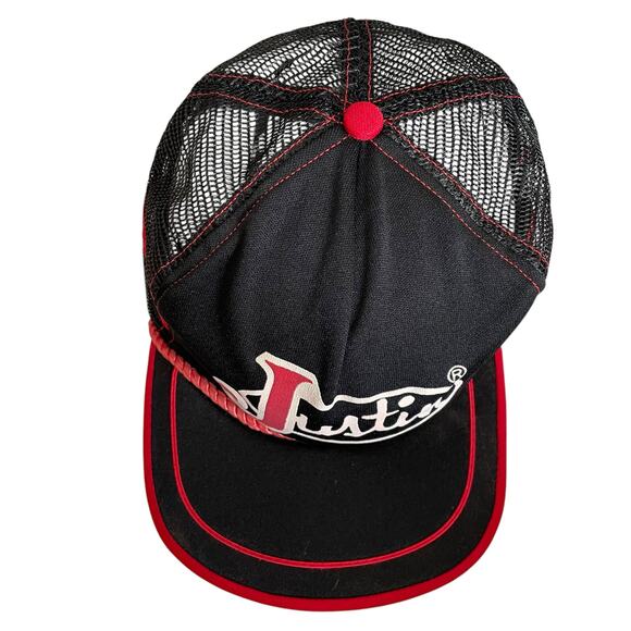 Vintage Justin Boots 3 Stripe Snapback Hat Trucker Mesh Large Black Red No Foam - Picture 4 of 11